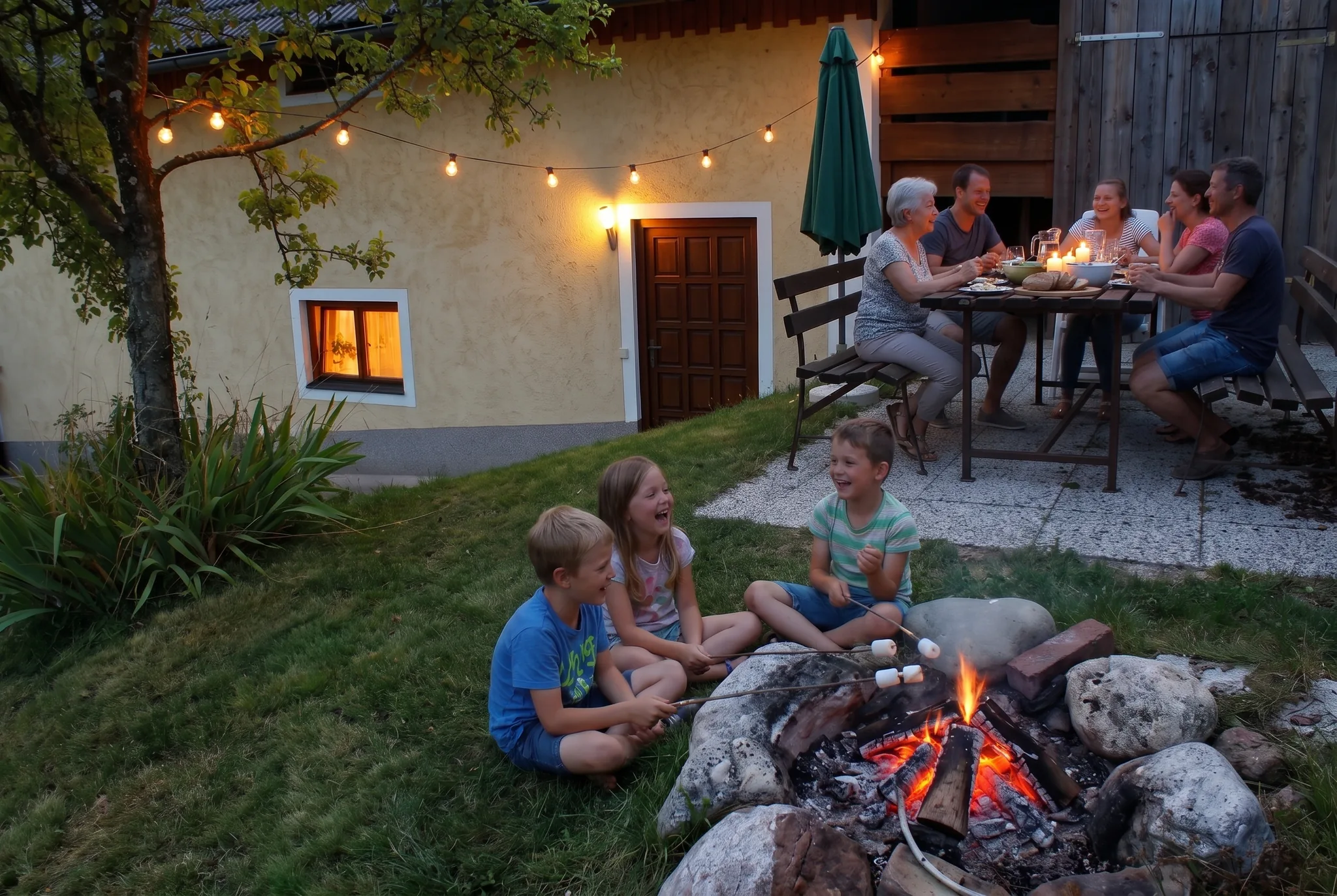 Familie am Lagerfeuer beim Schwenkgrill am Ferienhaus Huber am Abend