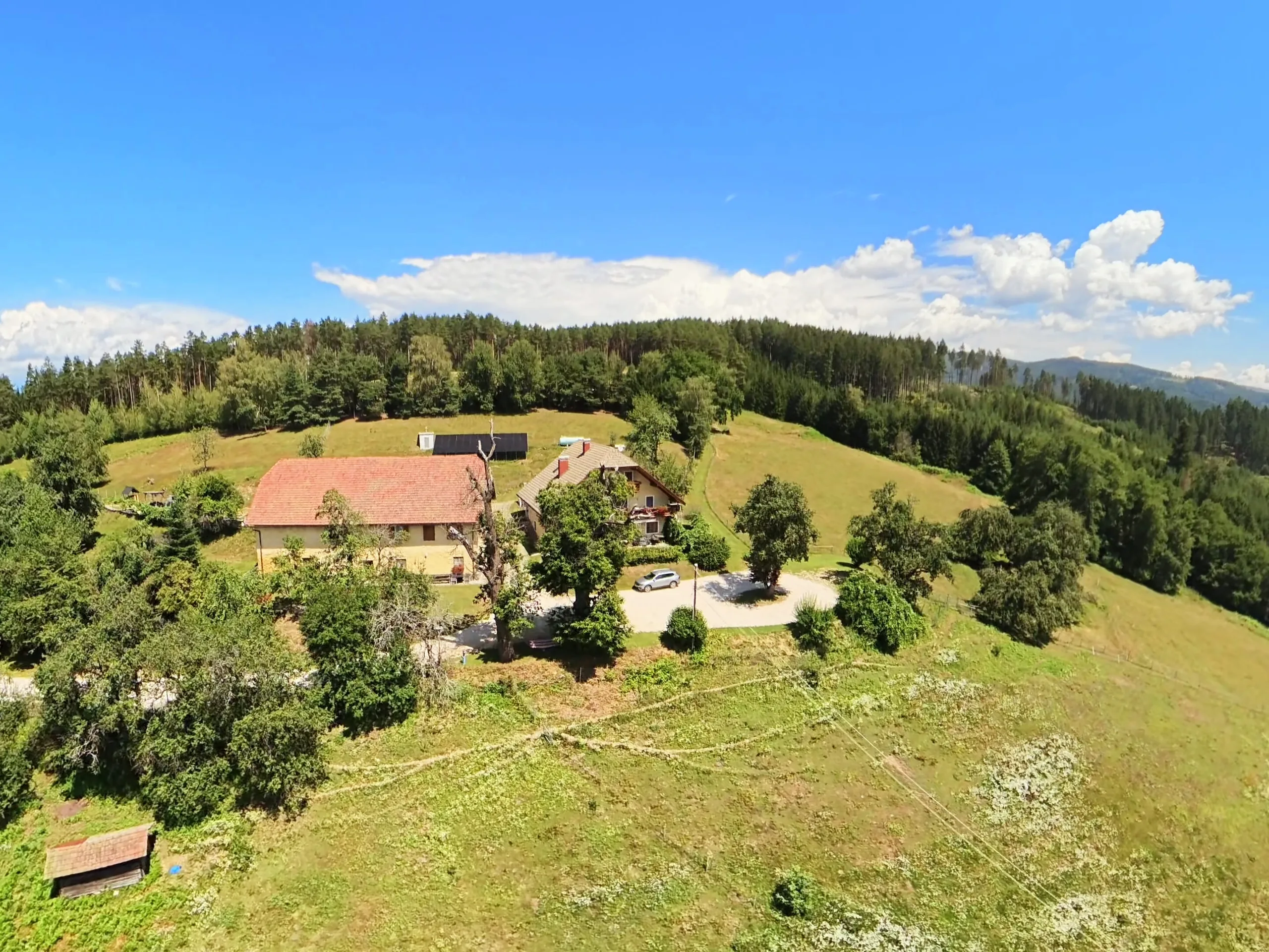 Luftaufnahme von Ferienhaus Huber mit Stadel, Wiese und Wald ringsum