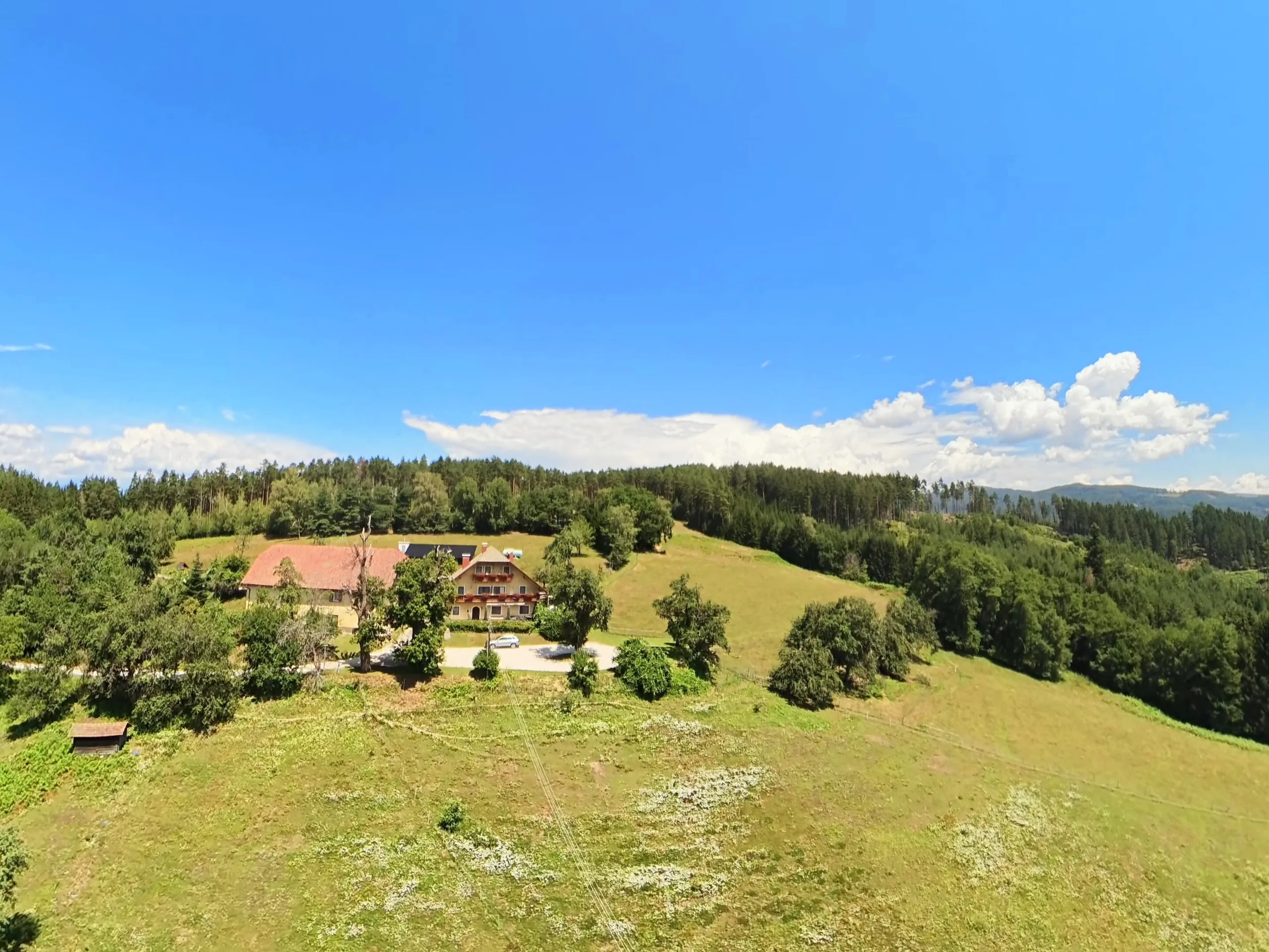 Ferienhaus Huber auf der Hügelkuppe, ringsum Wiesen, Obstbäume und Wald