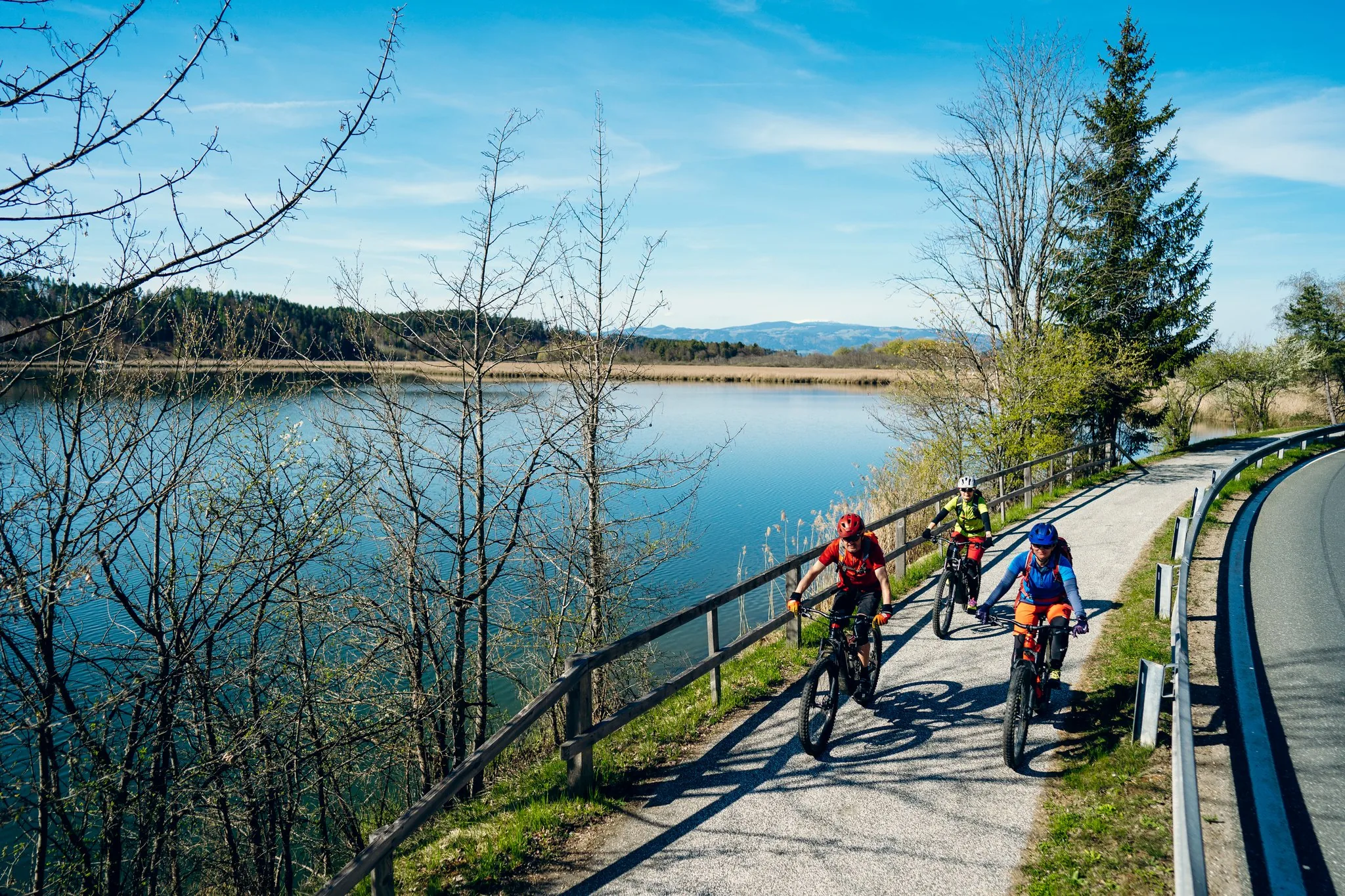 Radfahrer am Schilfufer des Gösselsdorfer Sees