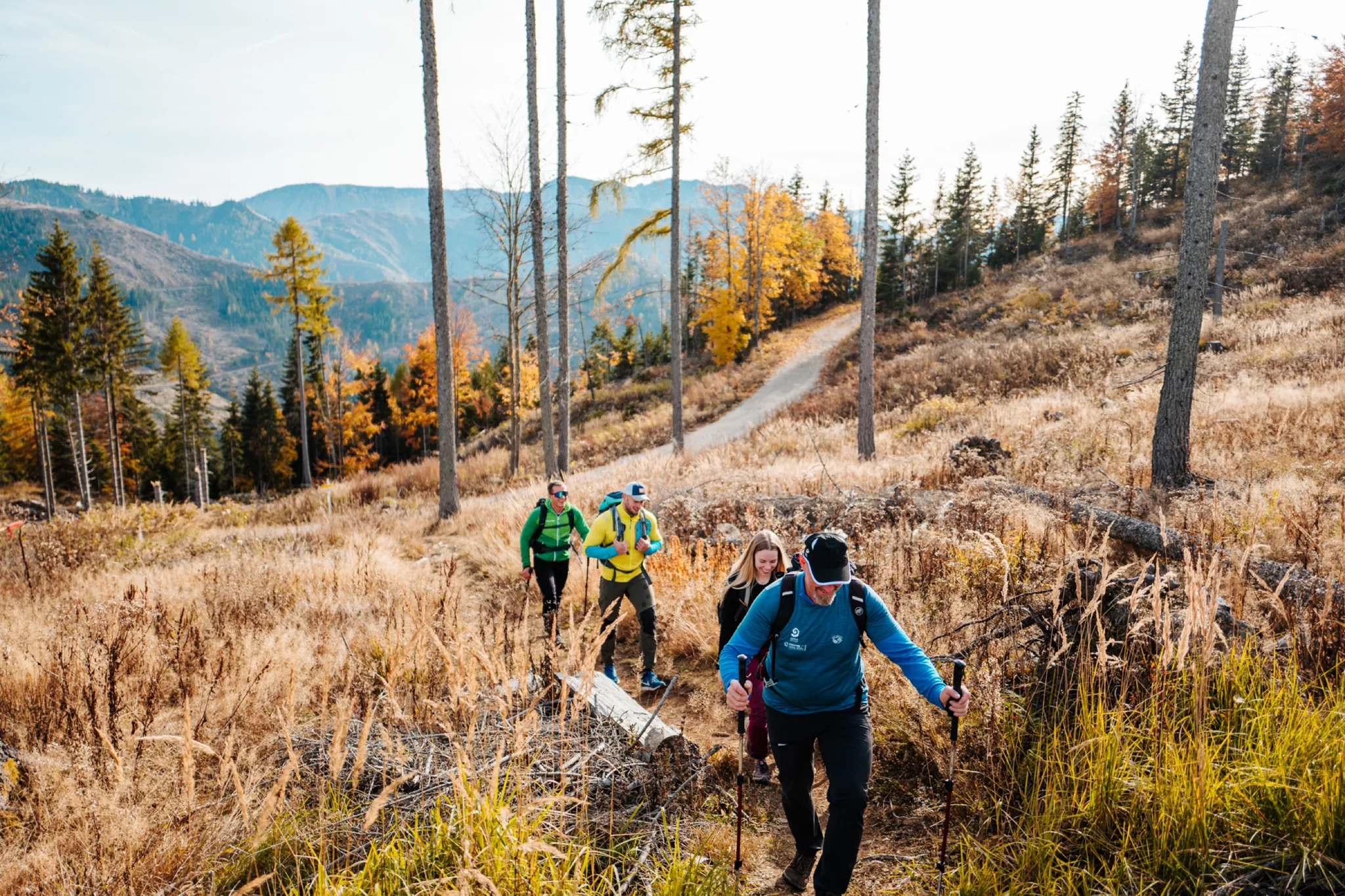 Wandergruppe auf einem Herbstweg über dem Jauntal