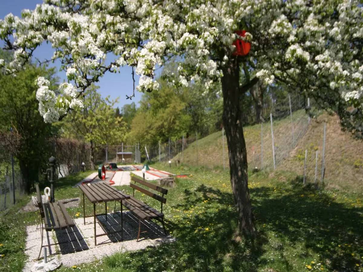 Minigolf-Anlage und Sitzplatz unter blühenden Obstbäumen im Frühling