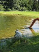 Wasserrutsche und grüner Frosch am Naturteich
